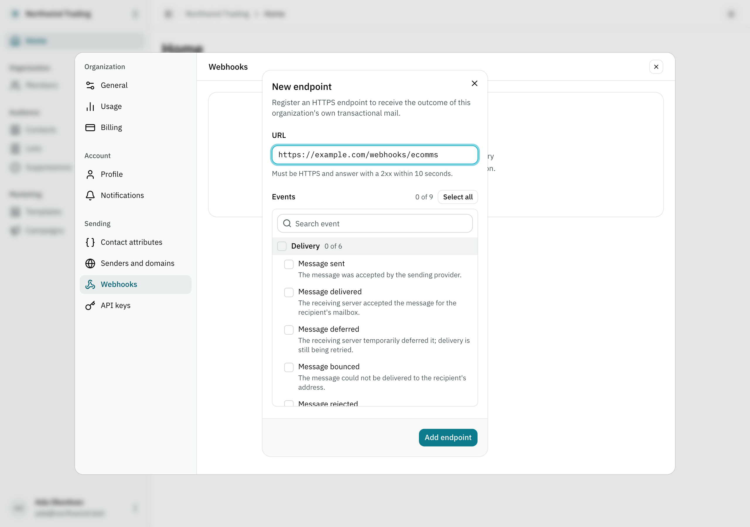 The dialog for adding a webhook endpoint, with a URL filled in and no event type selected yet.