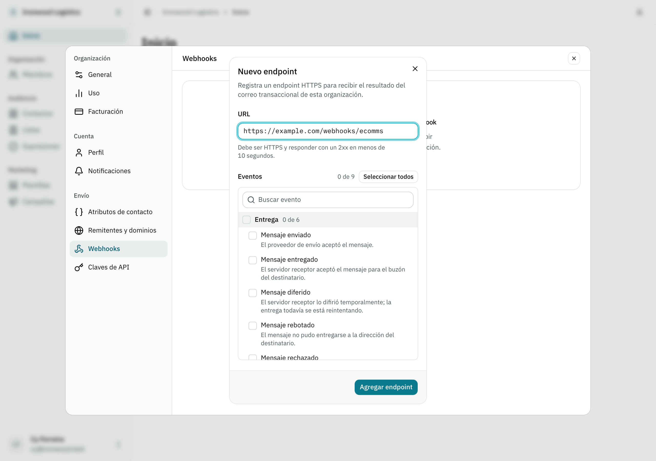 El diálogo para agregar un endpoint de webhook, con una URL completada y ningún tipo de evento seleccionado todavía.