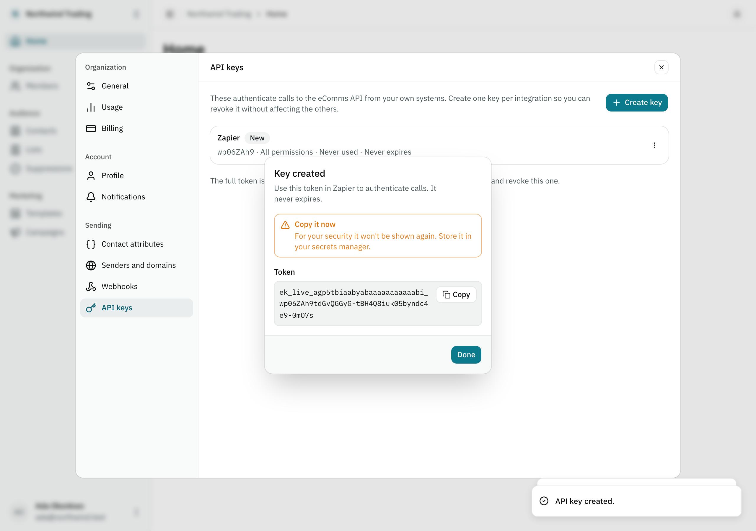 The dialog revealing a freshly created API key's token, with a button to copy it.