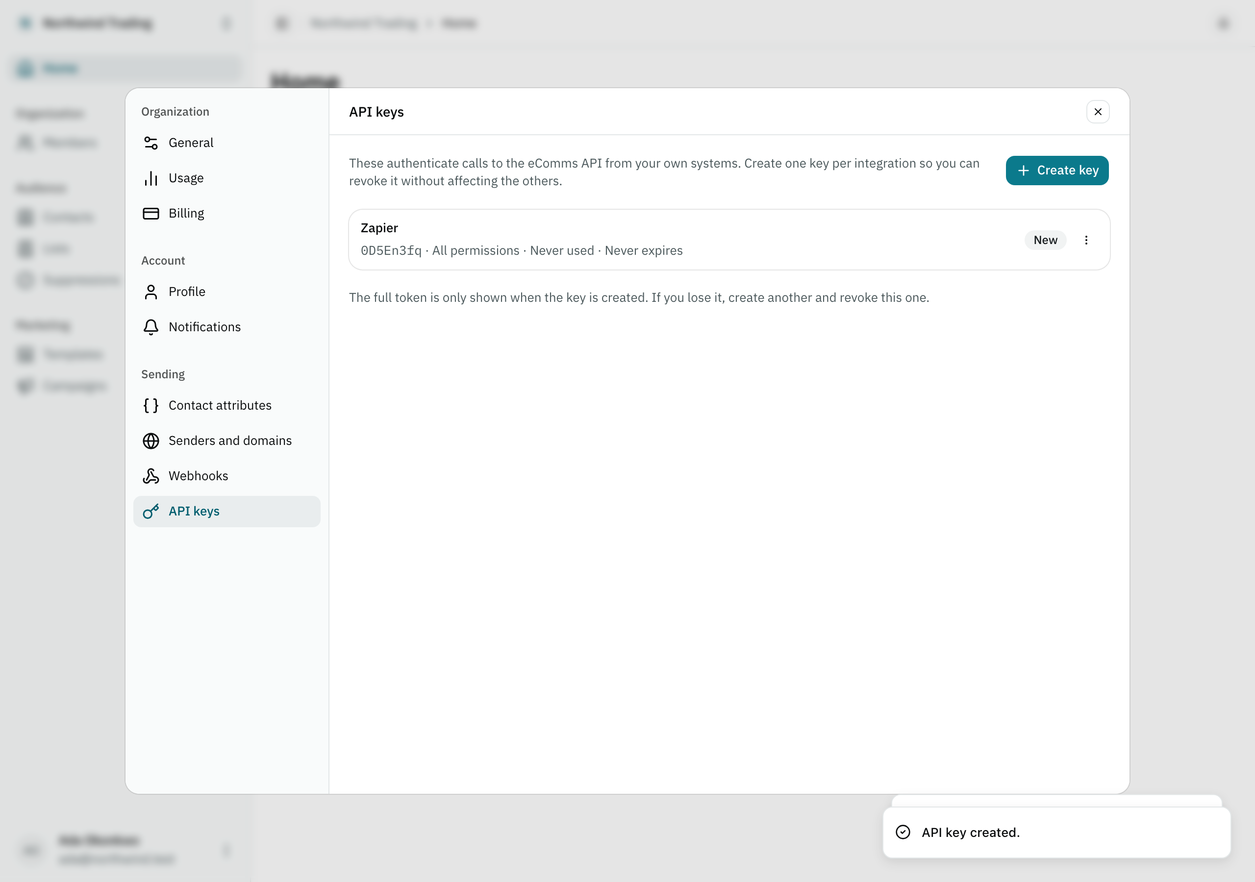 The Settings panel showing an organization's list of API keys, with one key named “Zapier”.